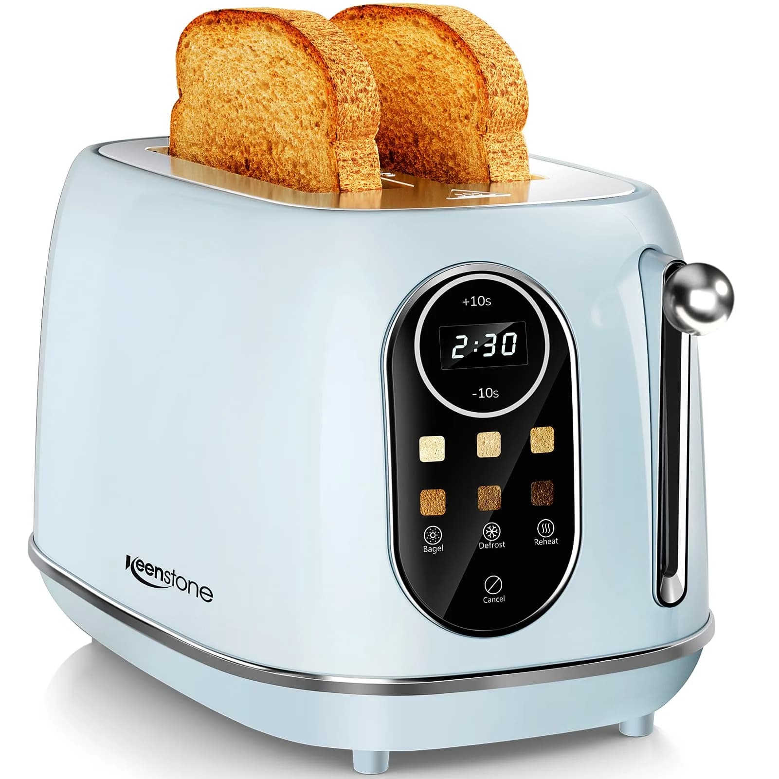 Keenstone Touch Screen Toaster 2 Slice | Retro Wide Slot Stainless Steel with 6 Browning Levels — Blue