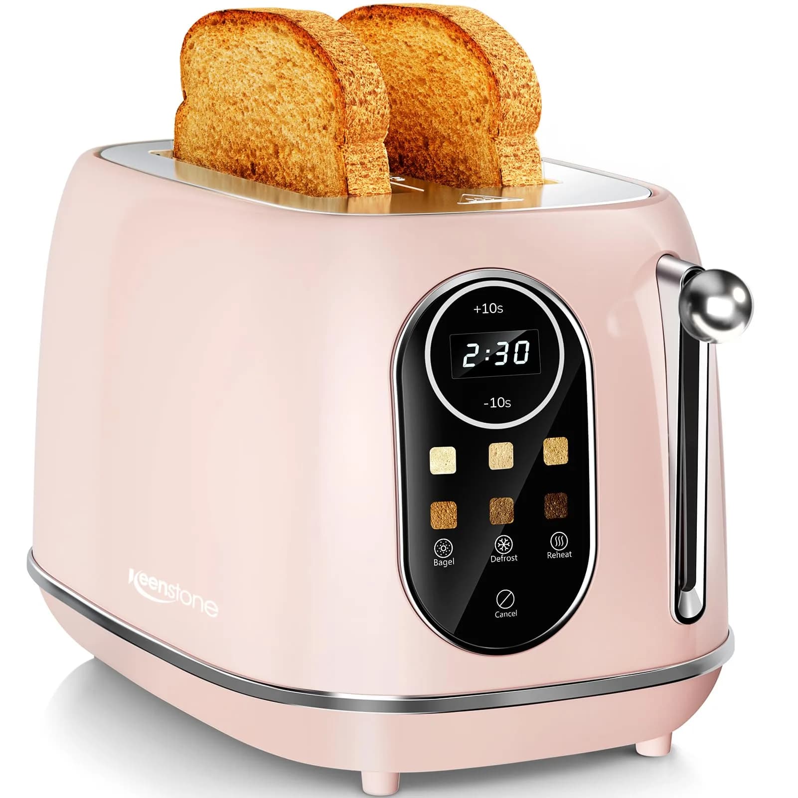 Keenstone Touch Screen Toaster 2 Slice | Retro Wide Slot Stainless Steel with 6 Browning Levels — Pink