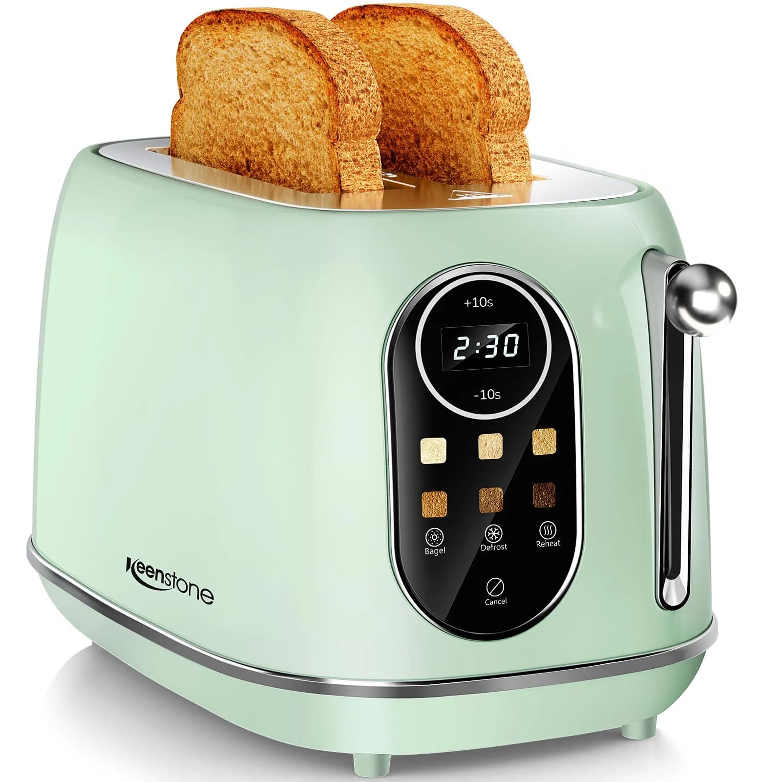 Keenstone Touch Screen Toaster 2 Slice | Retro Wide Slot Stainless Steel with 6 Browning Levels — Green