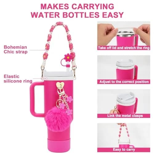 3tyto Rose 13 Pcs Stanley Cup Accessories Set with Bohemian Woven Handle Strap & Silicone Boot for 30oz & 40oz Tumblers thumbnail 4