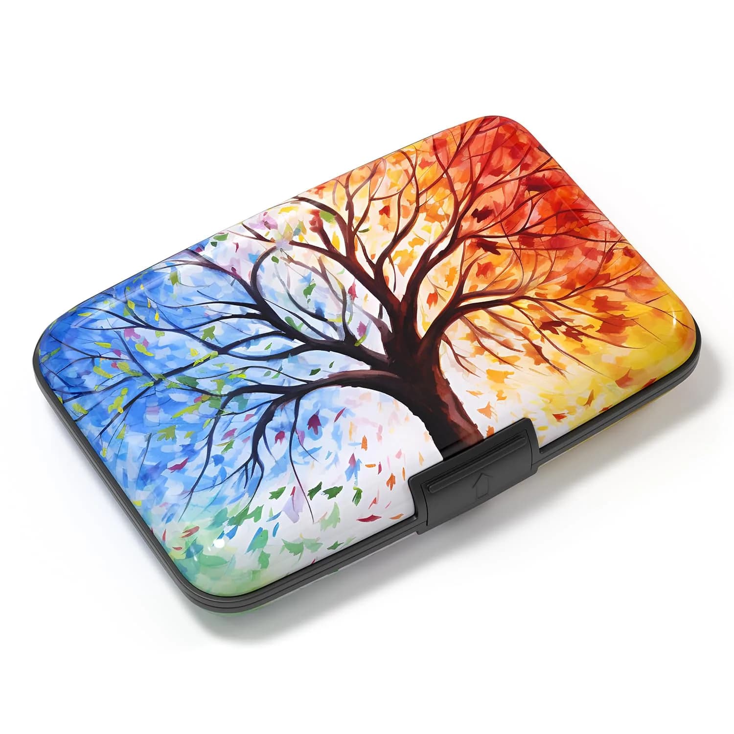 Atufsuat RFID Blocking Aluminum Card Holder for Women, Slim Metal Hard Card Case with 7 Slots, Colorful Trees | Holds up to 14 Cards