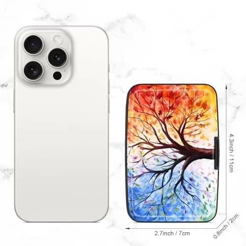 Atufsuat RFID Blocking Aluminum Card Holder for Women, Slim Metal Hard Card Case with 7 Slots, Colorful Trees | Holds up to 14 Cards thumbnail 2
