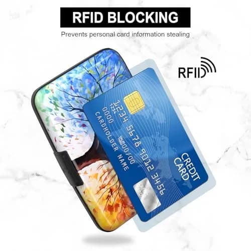Atufsuat RFID Blocking Aluminum Card Holder for Women, Slim Metal Hard Card Case with 7 Slots, Colorful Trees | Holds up to 14 Cards thumbnail 3