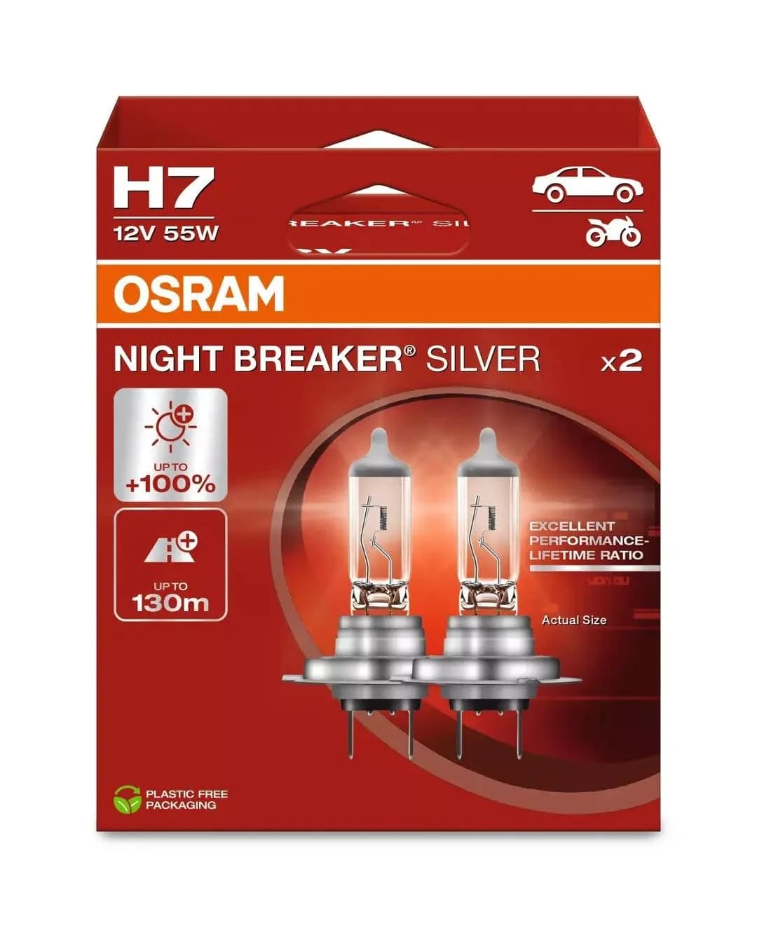 OSRAM Night Breaker Silver H7 Halogen Headlight Bulb 55W 12V 4200K White Light | Brighter Beam Up to 130m - main product image