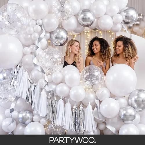 PartyWoo Pearl White Balloons 155pcs Assorted Sizes | Metallic White Color Party Balloons thumbnail 5