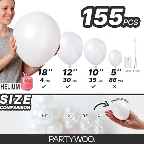 PartyWoo Pearl White Balloons 155pcs Assorted Sizes | Metallic White Color Party Balloons thumbnail 6