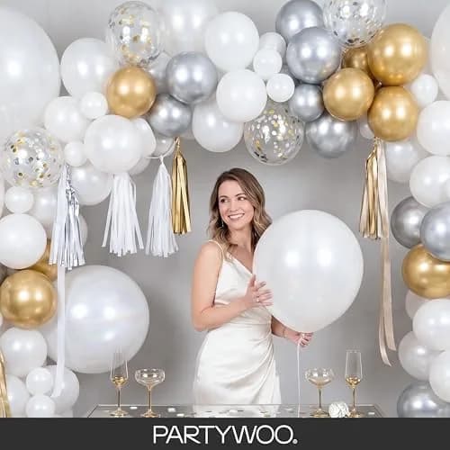 PartyWoo Pearl White Balloons 155pcs Assorted Sizes | Metallic White Color Party Balloons thumbnail 9