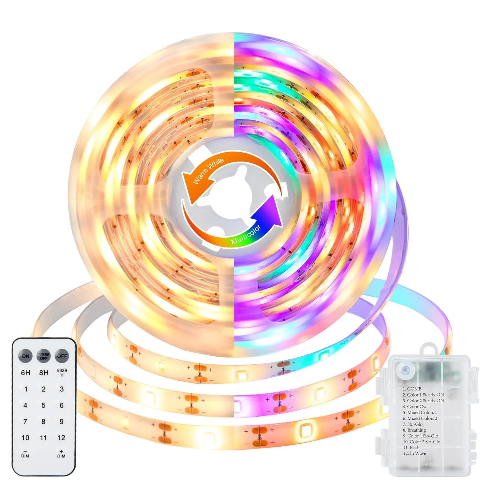 echosari LED Strip Lights 3.05m (10ft) Dual Color Changing (Warm White & Multicolor) with Remote | Battery Operated, Cuttable for Bedroom Party Decor