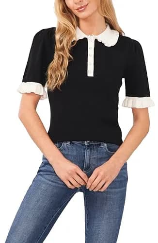 CeCe Short Sleeve Contrast Collar Polo Sweater Rich Black Medium | Breathable Cotton Knit thumbnail 1