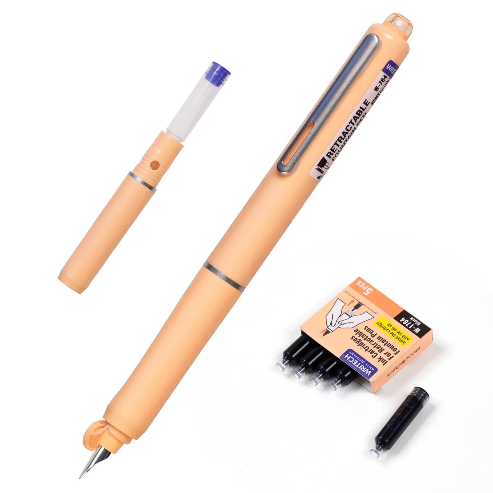 WRITECH Clictek Retractable Fountain Pen Fine Nib with 10 Black Ink Cartridges, 0.5mm Line Size | Smooth Writing for Students & Professionals — Multicolor