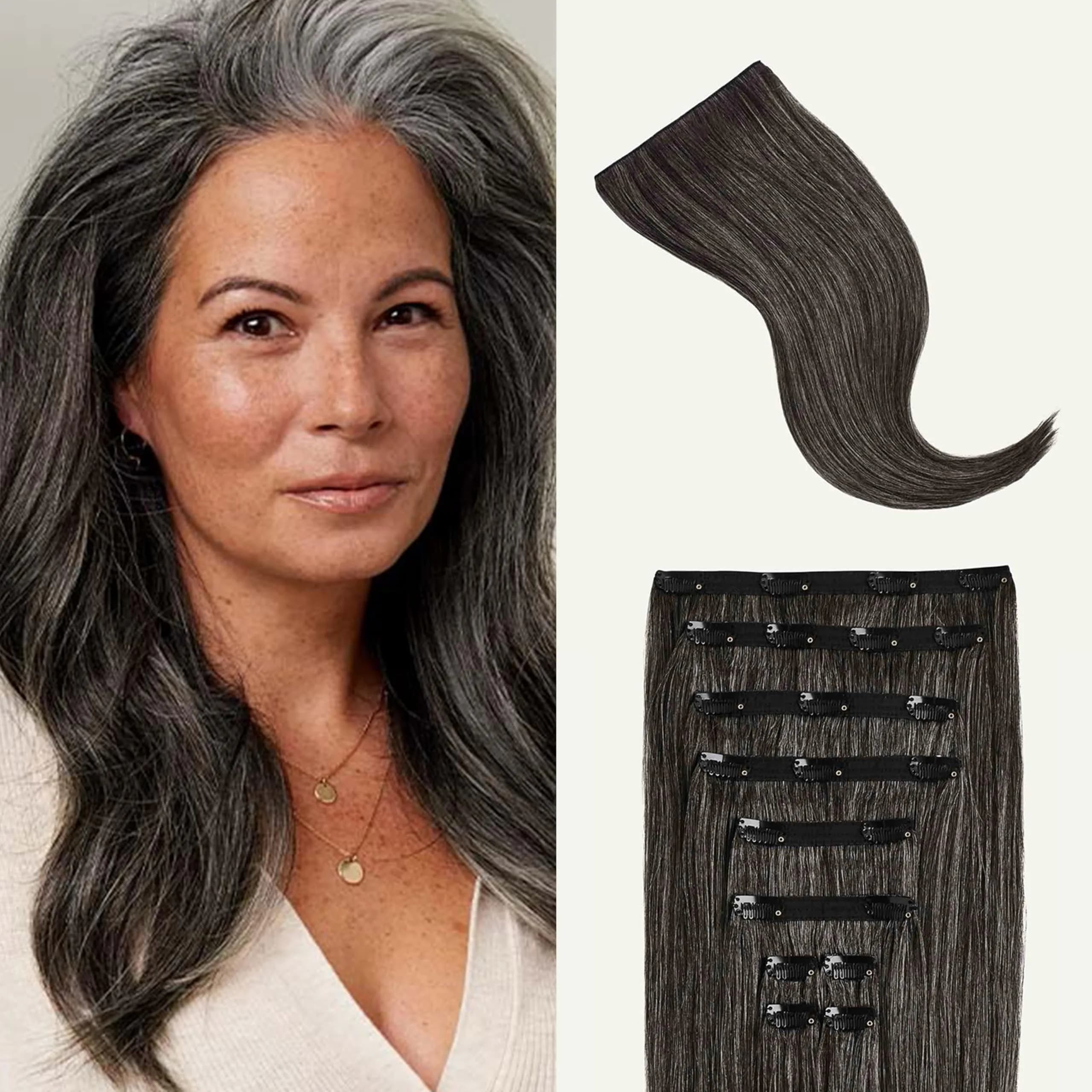 Luxy Classic Clip-In Hair Extensions Light Gray (G55) | 20 Inch, 160g, Natural Remy Human Hair — Dark Gray / G1B