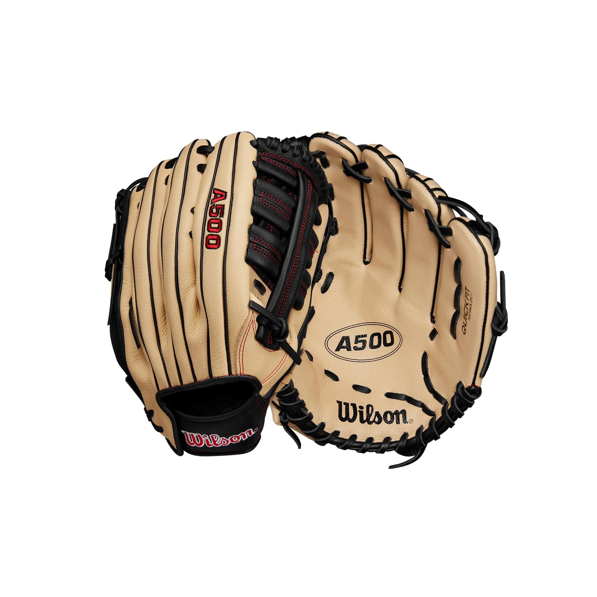 Wilson A500 12.5" Outfield Youth Baseball Glove - Right Hand Throw, Blonde/Red/Black | All-Position Versatility for Developing Players