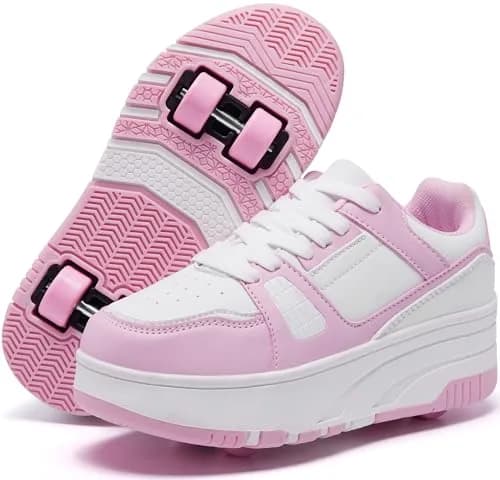 ANEFUN Kids Roller Skate Shoes 1.5 Little Kid Pink-White | Detachable 4-Wheel Sneakers thumbnail 1