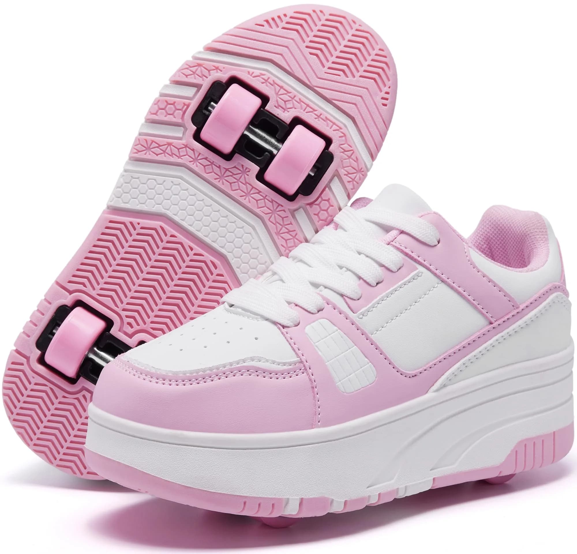 ANEFUN Kids Roller Skate Shoes Pink-White 1135 | Detachable 4-Wheel Safety Sneakers