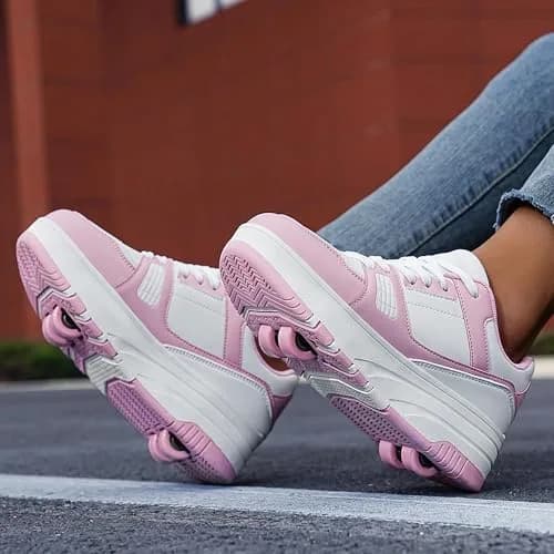 ANEFUN Kids Roller Skate Shoes 3.5 Big Kid Pink-White | Detachable 4-Wheel Design for Safe Fun thumbnail 2
