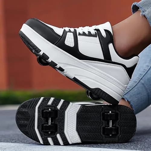 ANEFUN Detachable Roller Skate Shoes for Kids Girls Boys, Black-White 1135, Big Kid 3.5 (20cm) | Multifunctional Fashion Sneakers with Wheels thumbnail 2