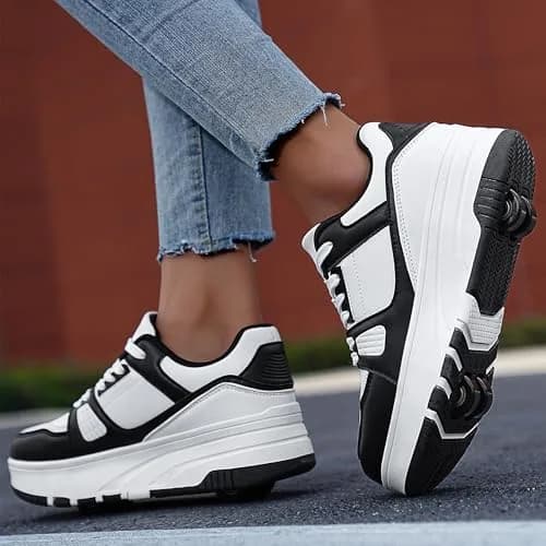 ANEFUN Detachable Roller Skate Shoes for Kids Girls Boys, Black-White 1135, Big Kid 3.5 (20cm) | Multifunctional Fashion Sneakers with Wheels thumbnail 3