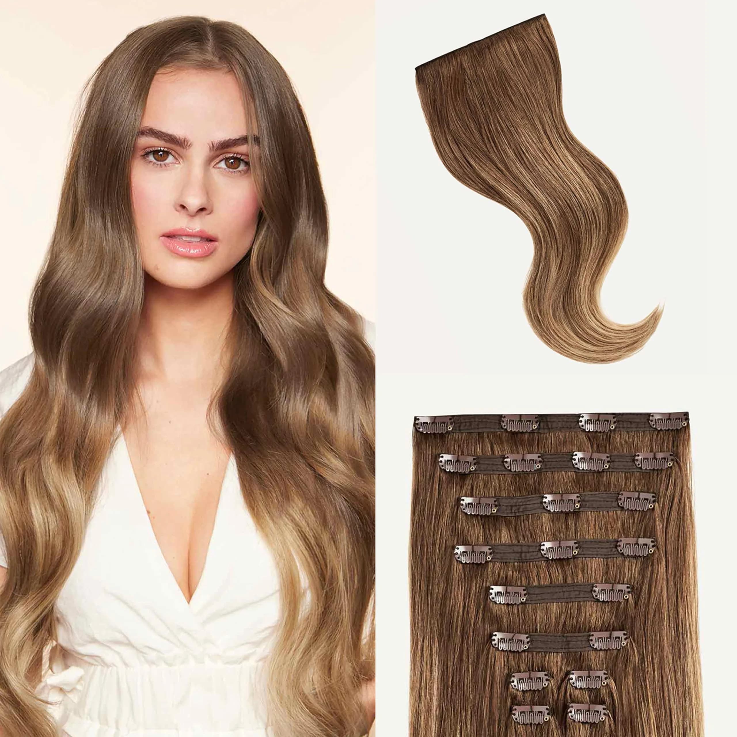 Luxy Classic Clip-In Hair Extensions Light Gray (G55) | 20 Inch, 160g, Natural Remy Human Hair — Chestnut Brown Balayage / 6T18 / 20 Inch