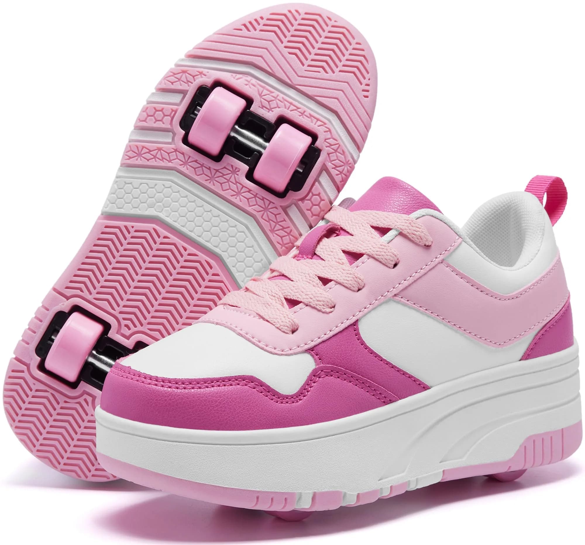 ANEFUN Kids Roller Skate Shoes 12 Little Kid Pink-White | Detachable 4-Wheel Safety Sneakers