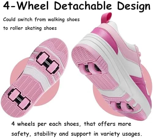 ANEFUN Kids Roller Skate Shoes 12 Little Kid Pink-White | Detachable 4-Wheel Safety Sneakers thumbnail 4