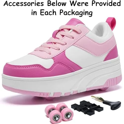 ANEFUN Kids Roller Skate Shoes 12 Little Kid Pink-White | Detachable 4-Wheel Safety Sneakers thumbnail 5