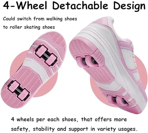 ANEFUN Detachable Wheeled Roller Skate Shoes for Kids Girls Boys - Pink-White 1 Little Kid | Convertible Sneakers with 4 Wheels thumbnail 4