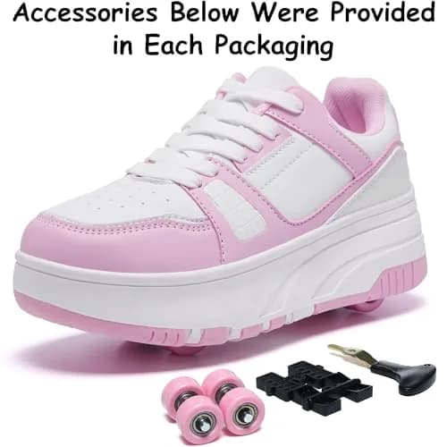 ANEFUN Detachable Wheeled Roller Skate Shoes for Kids Girls Boys - Pink-White 1 Little Kid | Convertible Sneakers with 4 Wheels thumbnail 5