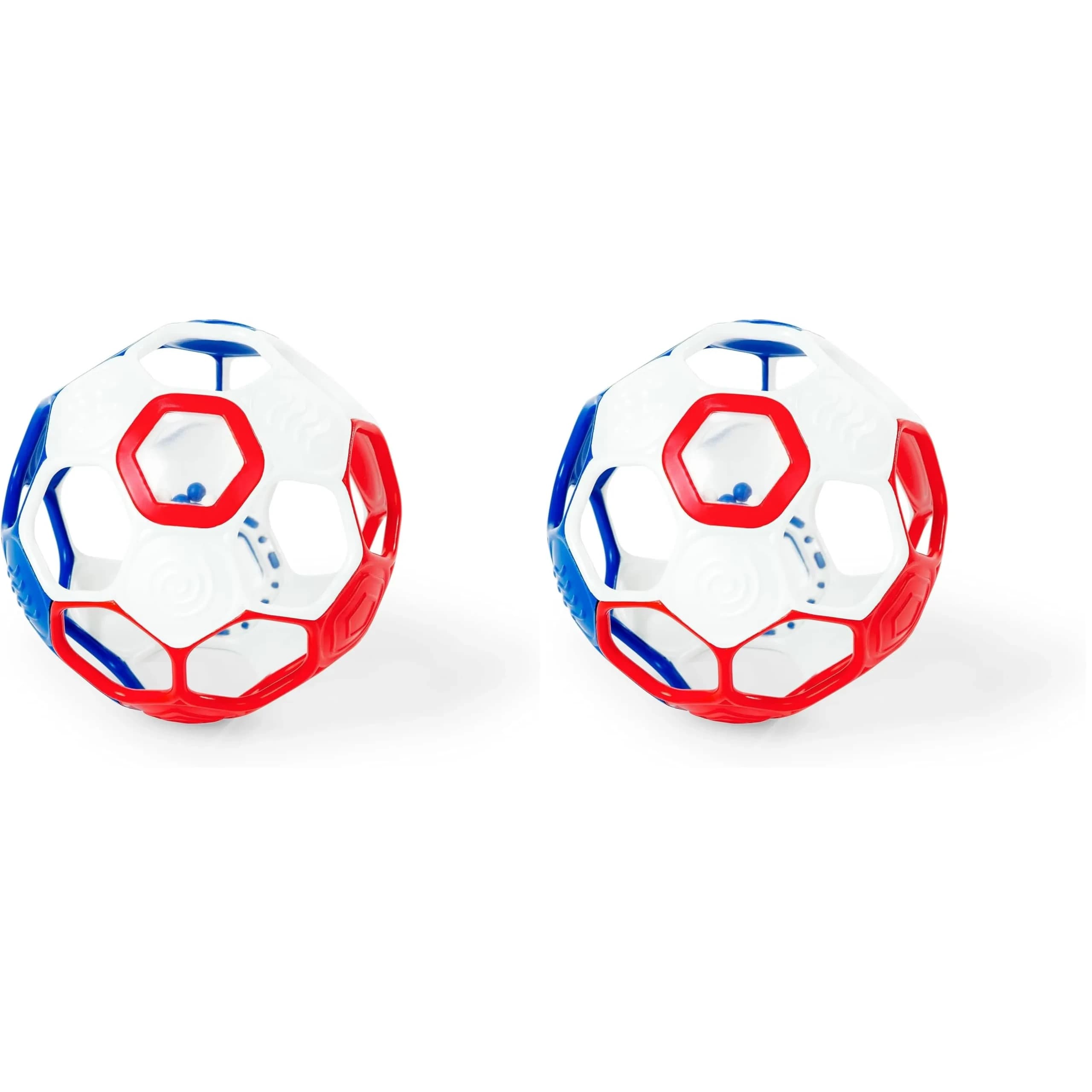 Bright Starts Oball Rattle Ball, Easy-Grasp Infant Toy with Finger Holes, Orange, 0-10cm (4in) — Red/Blue Soccer