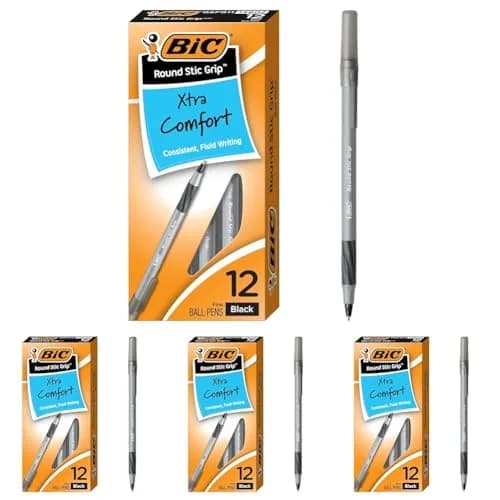 BIC Round Stic Grip Xtra Comfort Ballpoint Pen, Fine Point (0.8mm), Black, 12-Count (Pack of 4) | Smooth Ink Flow for Students & Office thumbnail 1