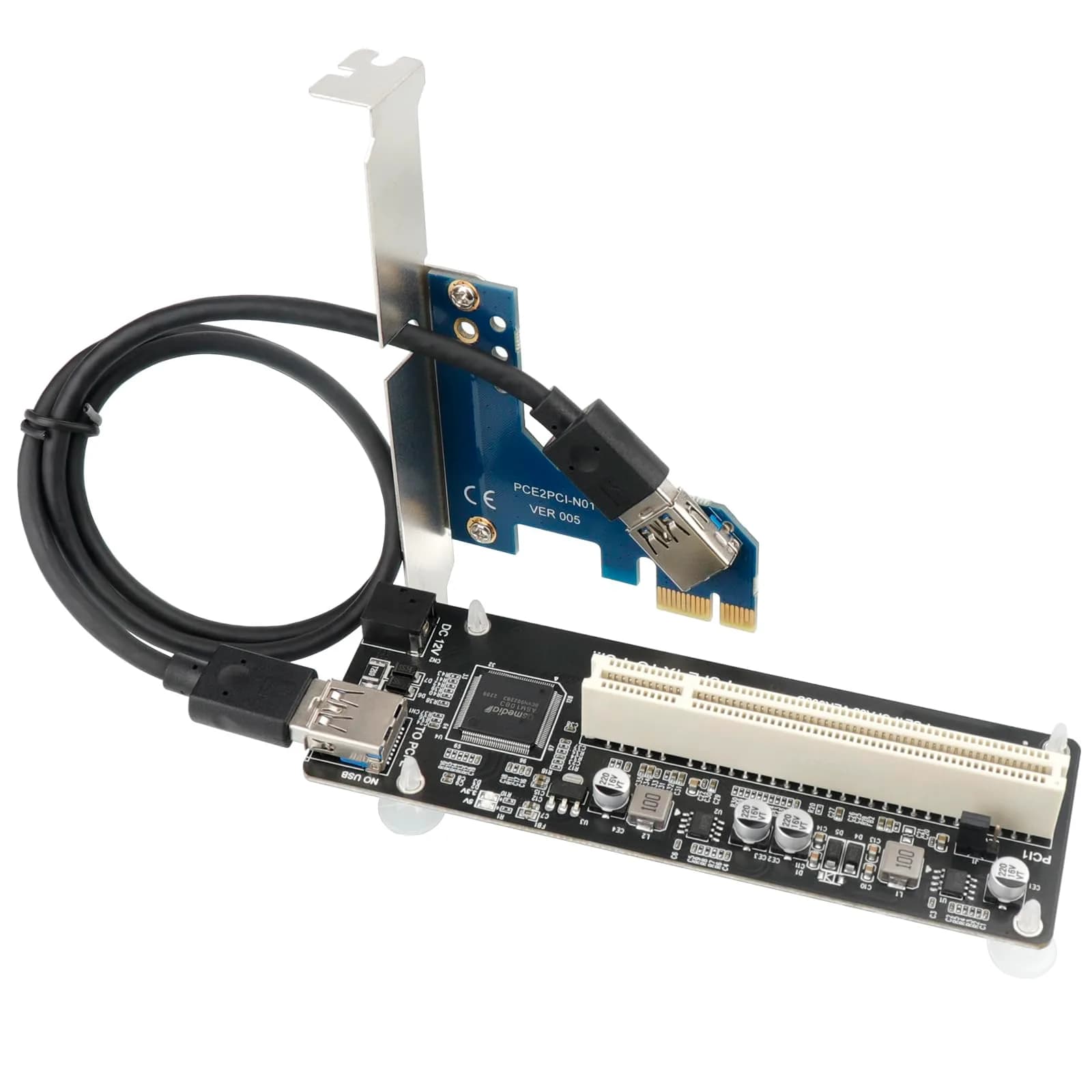 Trotwei Blue PCIe to PCI Adapter Card with USB 3.0 Cable | Converts PCIe x1 to PCI Slot, ASMedia ASM1083 Chip — PCIe to Single PCI Adapter with Bracket