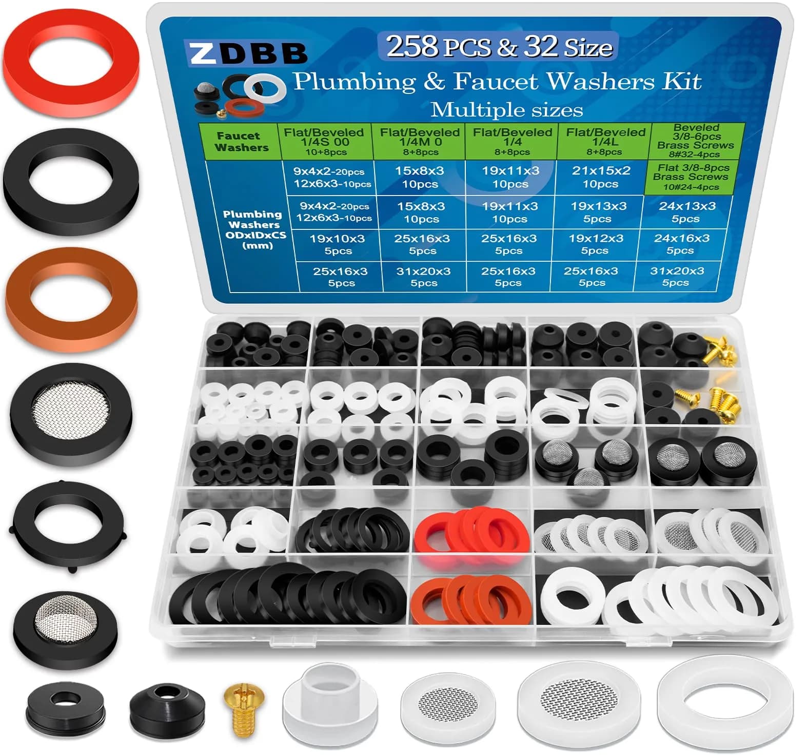 ZDBB 258 Pcs Faucet Washer & Hose Gasket Kit | Assorted Sizes for Outdoor Faucet & Garden Hose Repair — 258 PCS