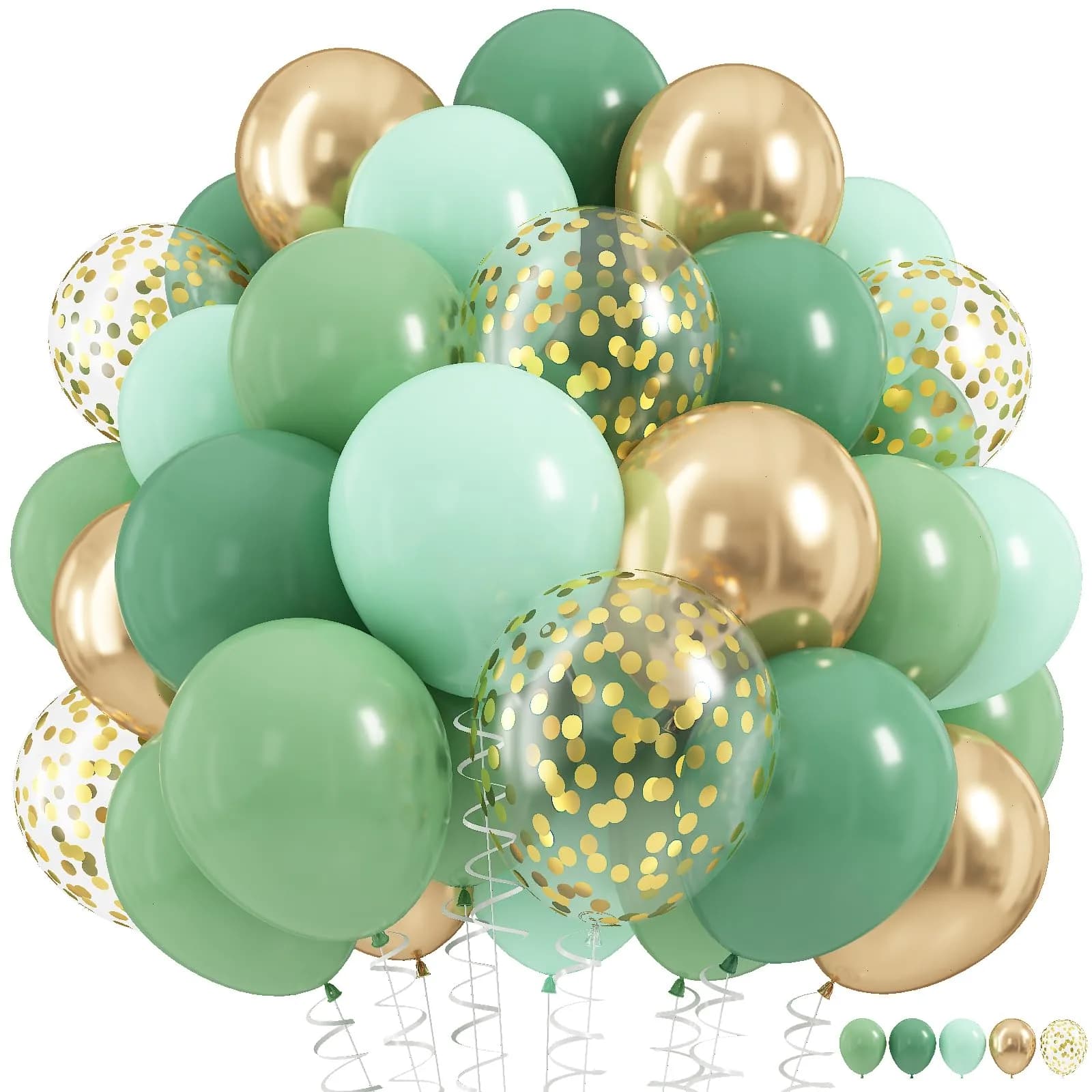 HILAVO Sage Green Balloons Set 60Pcs 12 Inch Olive Macaron Pastel Green Balloons with Metallic Confetti Gold Jungle Latex Balloon | Assorted Colors Value Pack