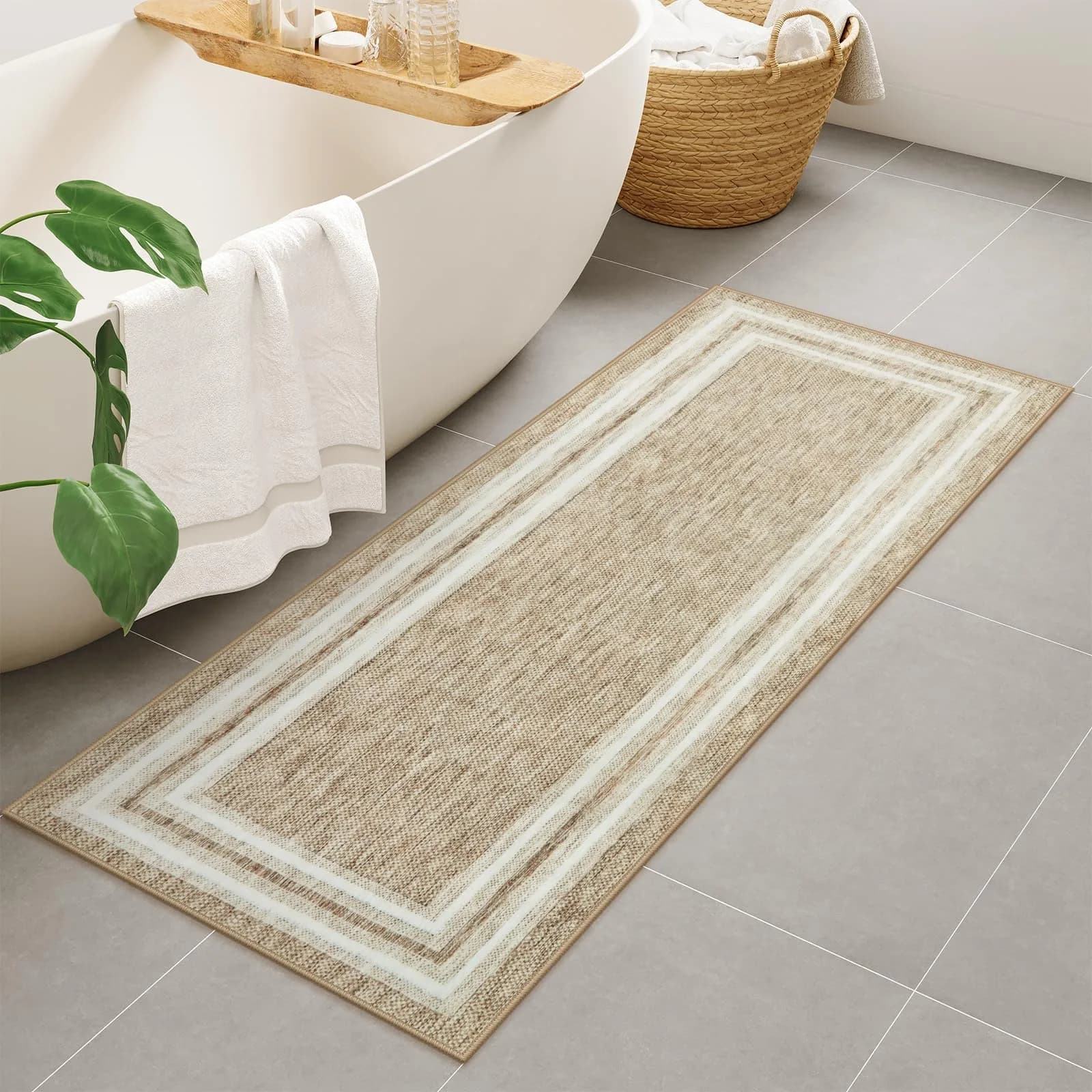 OJIA Modern Bohemian Border Area Rug 0.71m x 0.91m (2'x3') | Non-Slip, Washable, Low Pile for Entryway & Kitchen — Beige