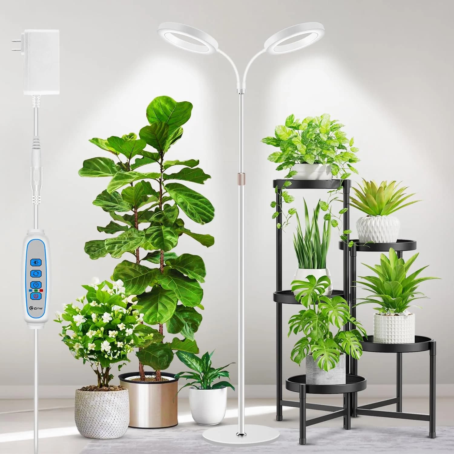 Aumtrly Full Spectrum LED Grow Light with 175cm (68") Stand & Dual Heads | 168 LEDs, 3 Color Modes, 5-Level Dimming, 16-Hour Timer — 2 head 68inch/white