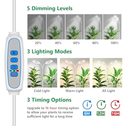 Aumtrly Full Spectrum LED Grow Light with 175cm (68") Stand & Dual Heads | 168 LEDs, 3 Color Modes, 5-Level Dimming, 16-Hour Timer thumbnail 2