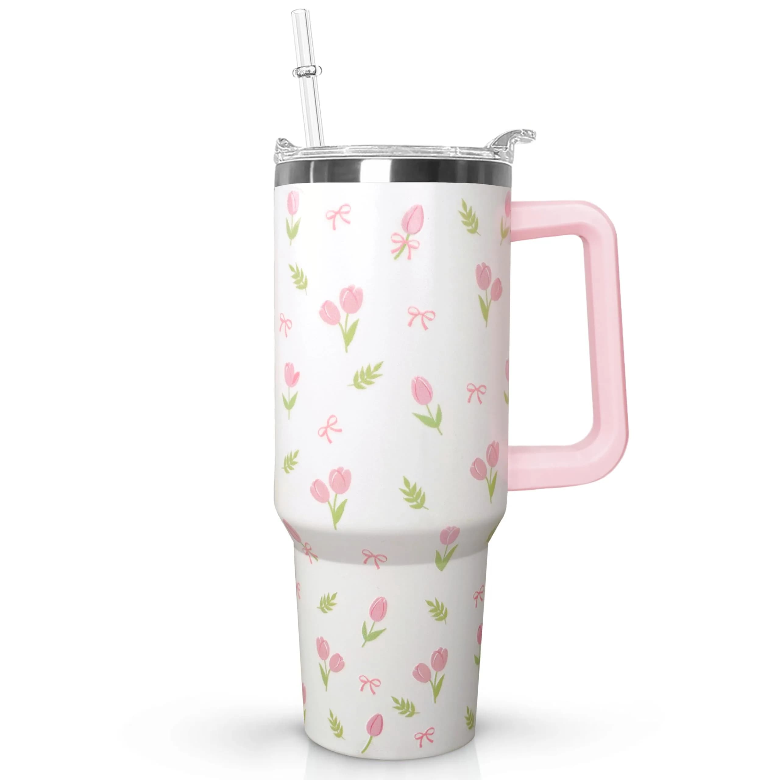 Ceovfoi 40 Oz Tumbler With Handle & Straw, Leopard Print Cheetah Coffee Travel Mug Cup, 1183ml (40 Fl Oz) | Cute Animal Print Insulated Water Bottle — Boho Flower2