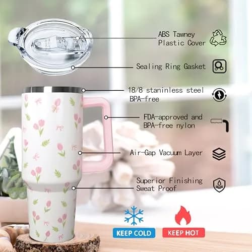 Ceovfoi 40 oz Tulip Bow Tumbler with Handle & Straw | Insulated Stainless Steel Flip Top Water Bottle thumbnail 5