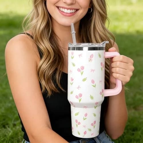 Ceovfoi 40 oz Tulip Bow Tumbler with Handle & Straw | Insulated Stainless Steel Flip Top Water Bottle thumbnail 7