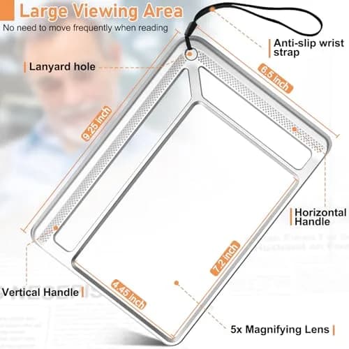 AKKYCVS 5X Full Page Magnifying Glass with Handle, 12.7cm x 17.8cm (5" x 7") Viewing Area | Lightweight Handheld Magnifier for Seniors & Low Vision thumbnail 4