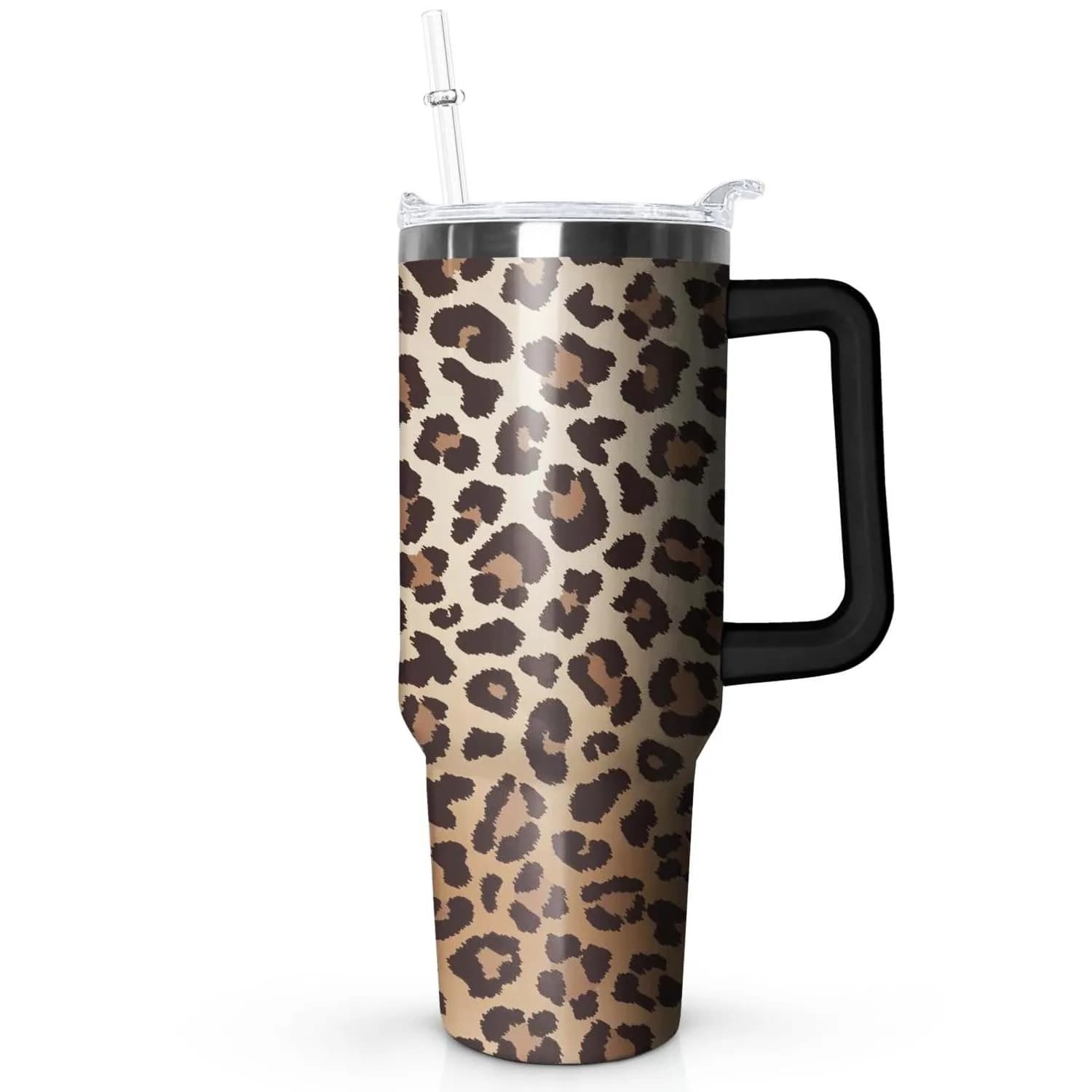 Ceovfoi 40 Oz Tumbler With Handle & Straw, Leopard Print Cheetah Coffee Travel Mug Cup, 1183ml (40 Fl Oz) | Cute Animal Print Insulated Water Bottle - main product image
