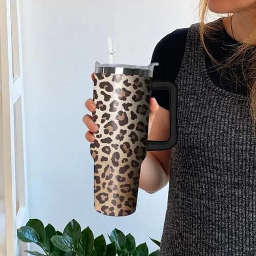 Ceovfoi 40 Oz Tumbler With Handle & Straw, Leopard Print Cheetah Coffee Travel Mug Cup, 1183ml (40 Fl Oz) | Cute Animal Print Insulated Water Bottle thumbnail 5