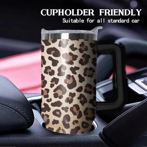 Ceovfoi 40 Oz Tumbler With Handle & Straw, Leopard Print Cheetah Coffee Travel Mug Cup, 1183ml (40 Fl Oz) | Cute Animal Print Insulated Water Bottle thumbnail 6