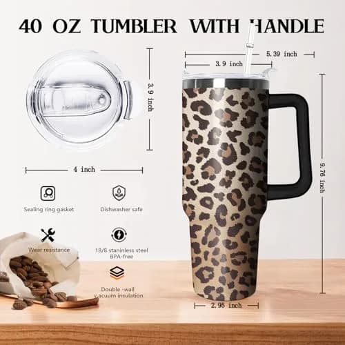 Ceovfoi 40 Oz Tumbler With Handle & Straw, Leopard Print Cheetah Coffee Travel Mug Cup, 1183ml (40 Fl Oz) | Cute Animal Print Insulated Water Bottle thumbnail 2
