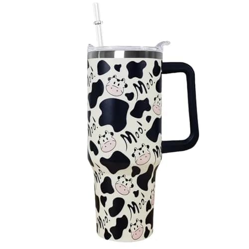 Ceovfoi 40 oz Cow Print Tumbler with Handle & Straw | Insulated Stainless Steel Travel Mug Cup thumbnail 1