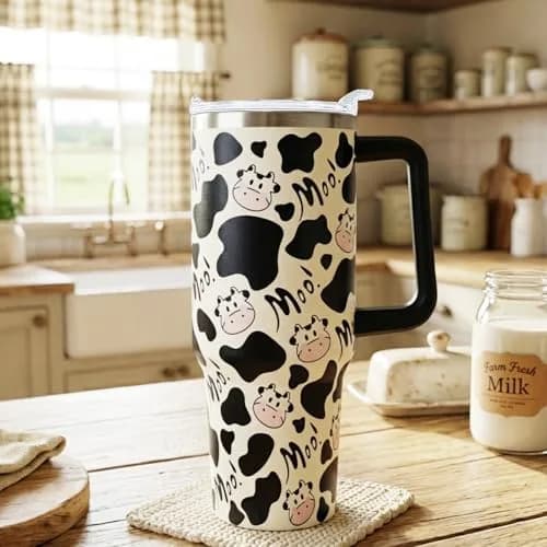 Ceovfoi 40 oz Cow Print Tumbler with Handle & Straw | Insulated Stainless Steel Travel Mug Cup thumbnail 5