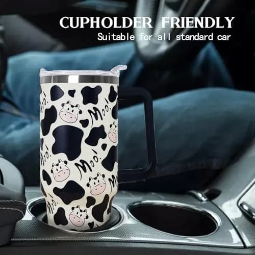 Ceovfoi 40 oz Cow Print Tumbler with Handle & Straw | Insulated Stainless Steel Travel Mug Cup thumbnail 6