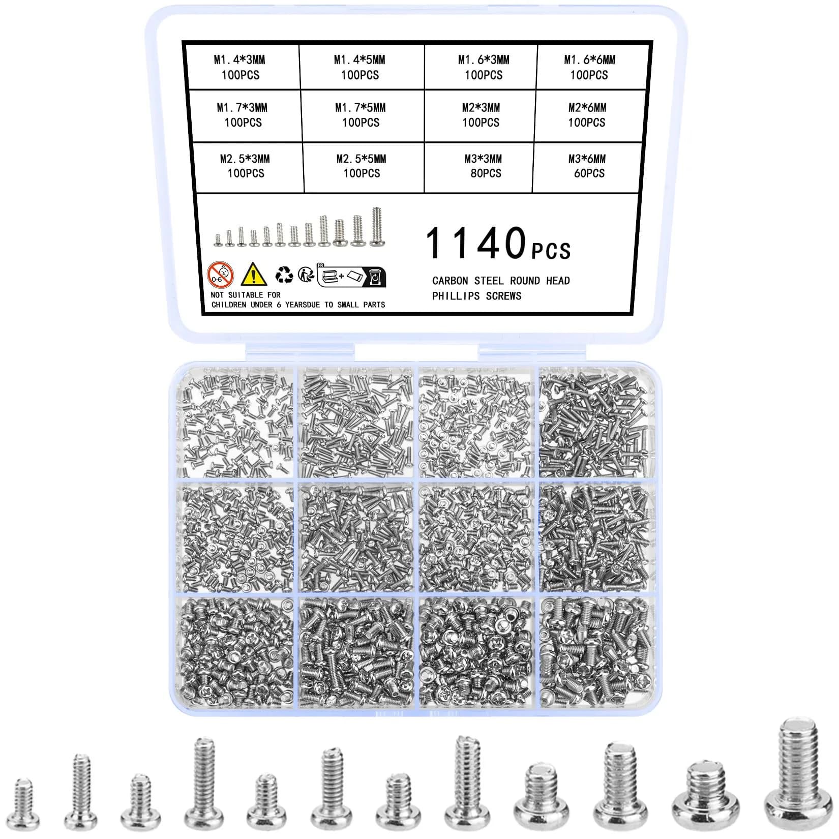 woshilaoDS 1000 Pcs Tiny Screws Assortment Kit | M1.6-M3 Round Head Mini Screws for Electronics, Laptop, Glasses Repair — 1140 Pcs
