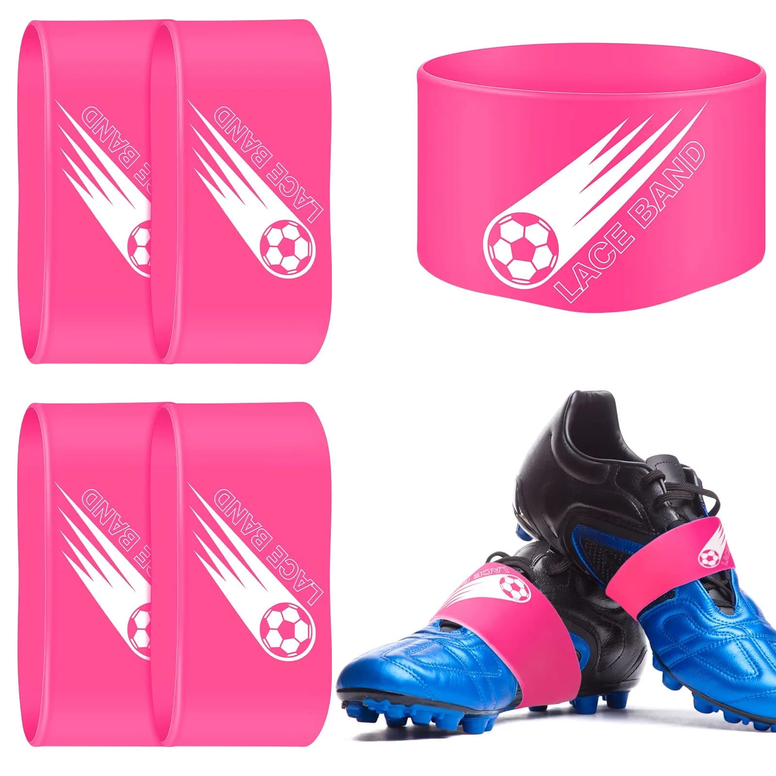 Patelai Blue 4 Pcs Soccer Lace Band Cleat Cover Youth Adult, Kids | Elastic Rubber for Secure Laces — Pink / Youth