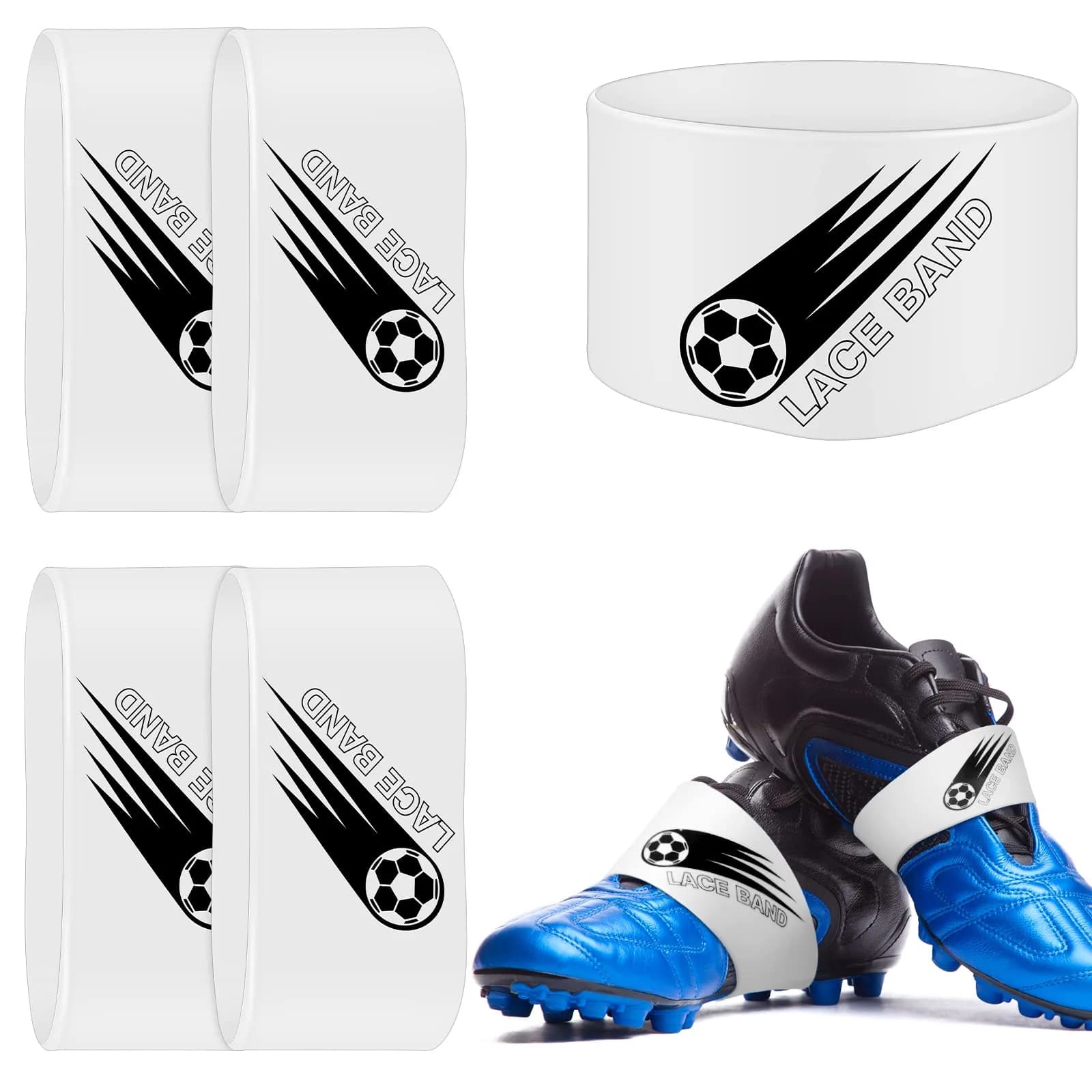 Patelai Blue 4 Pcs Soccer Lace Band Cleat Cover Youth Adult, Kids | Elastic Rubber for Secure Laces — White / Youth