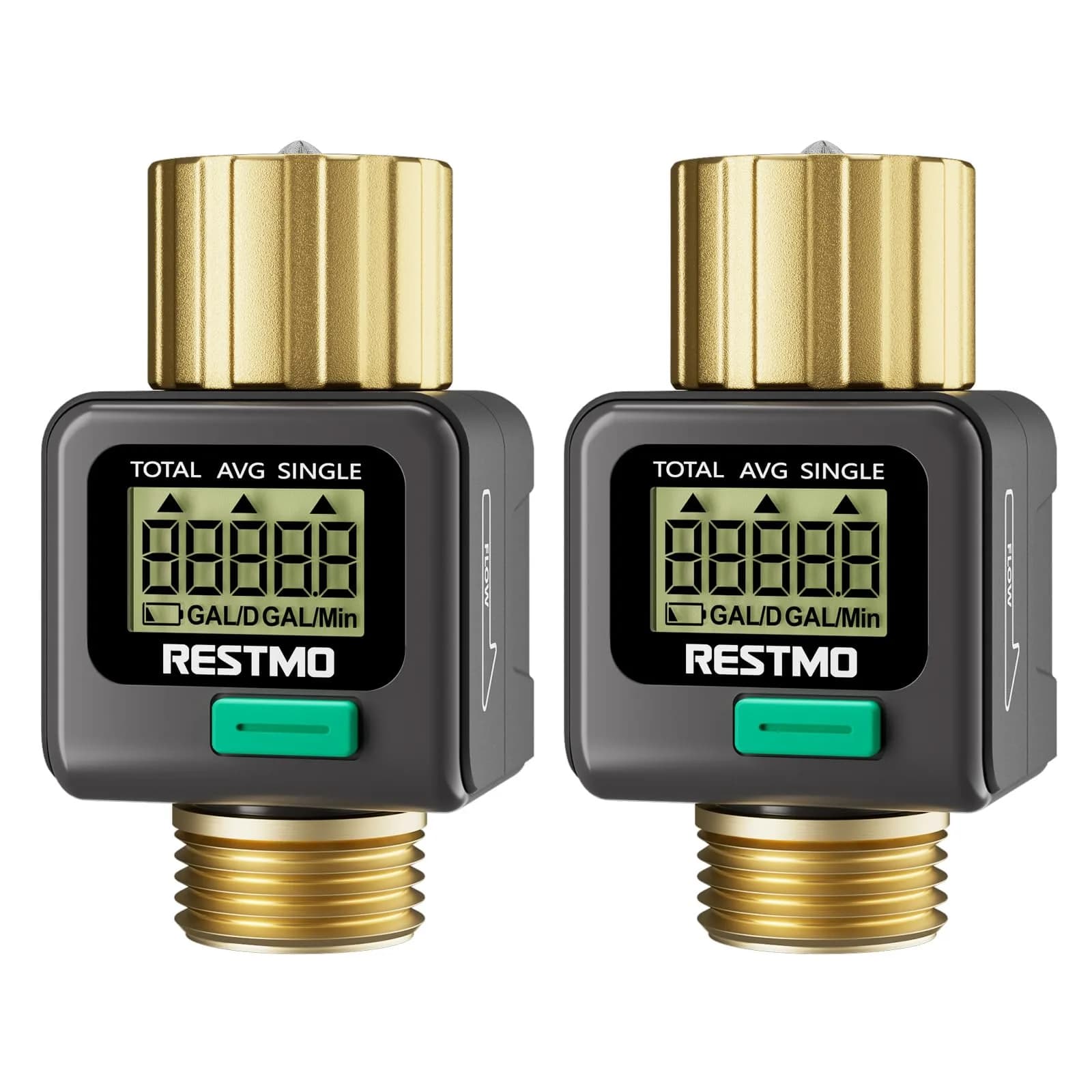 Restmo Water Flow Meter 2 Pack | 0.3-12 GPM (1-45.5 LPM) Flow Rate, 99999 Gal (99999 L) Max Consumption, IPX6 Waterproof